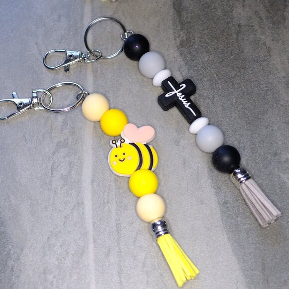 Hand Crafted Accessories - Fun Beaded Keychain, Handmade, tassel, bee, cross, religious, bumblebee, key